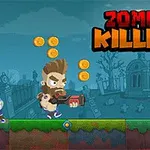 墓地の背景で、銃を持った男性キャラクターがゾンビから逃げながらコインを集めている様子。