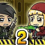 2人のキャラクターが武器を持って向き合っているイラスト。