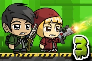 緑色の背景に、銃を持ったキャラクター二人が立っているイラスト。