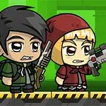 緑色の背景に、銃を持ったキャラクター二人が立っているイラスト。