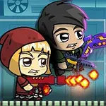 キャラクター2人がレーザー銃を持って攻撃しているカートゥーン風の画面。