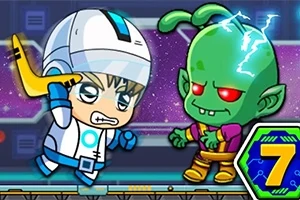宇宙服を着たキャラクターが緑色のエイリアンと対峙している。