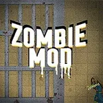 牢屋の背景に「ZOMBIE MOD」という文字が中央にあり、左側に危険物のマークが付いた赤いドラム缶、右側にゾンビがいる。