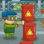 青い髪のキャラクターが注射器を持ち、緑色のゾンビが釘バットを持って向かい合い、間に赤い樽がある。