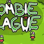緑色の背景に、小さなゾンビキャラクターが散在し、「ZOMBIE PLAGUE」というテキストが中央に表示されているイラスト。
