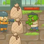 兵士が袋の後ろからゾンビに銃を向けているイラスト。