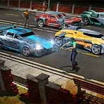 道路上に色とりどりの車と武装した人物が立っているシーン。