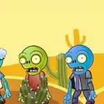 砂漠の背景にサボテンと3体のカラフルなゾンビが立っているイラスト。