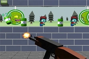 銃を持つ手前のキャラクターが、背景のゾンビと木のイラストを撃っている場面。