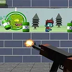 銃を持つ手前のキャラクターが、背景のゾンビと木のイラストを撃っている場面。