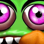 緑色の顔に紫色の目と大きなオレンジ色の鼻が特徴的なキャラクターのクローズアップ画像。