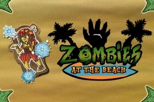 ゾンビのイラストと「Zombies at the Beach」のロゴがヤシの木のシルエットを背景に描かれている画像。