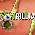 ピンク色の背景に「ZOMBILLIARDS」というテキストが大きく描かれ、周囲にゾンビの腕が伸びているイラスト。