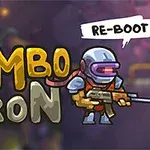 青いヘルメットをかぶったキャラクターが銃を構え、背景に「Zombotron」と書かれた文字があるイラスト。