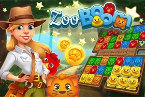 女性探検家とカラフルな動物のピースが並ぶパズルボードのイラスト。