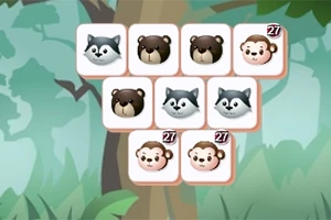 森の背景に動物の顔が描かれたタイルが並ぶイラスト。