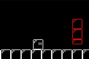 黒い背景に白い四角いキャラクターと赤い二つのブロックが並んでいる。