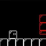 黒い背景に白い四角いキャラクターと赤い二つのブロックが並んでいる。