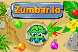 カラフルなボールと植物に囲まれた砂地に、中央に緑色のカエルのキャラクターがいるイラスト。